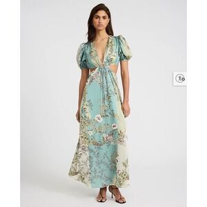 NWT Express Womens Satin Floral Maxi Dress SM Green V-Neck Cutout Regencycore